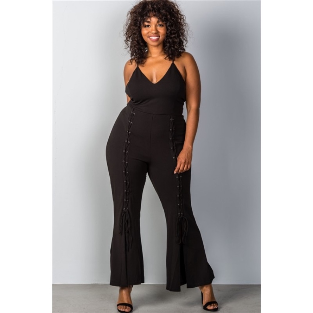Wide Split Leg Lace-Up Plus Size Jumpsuit (Black) - Picture 2 of 6